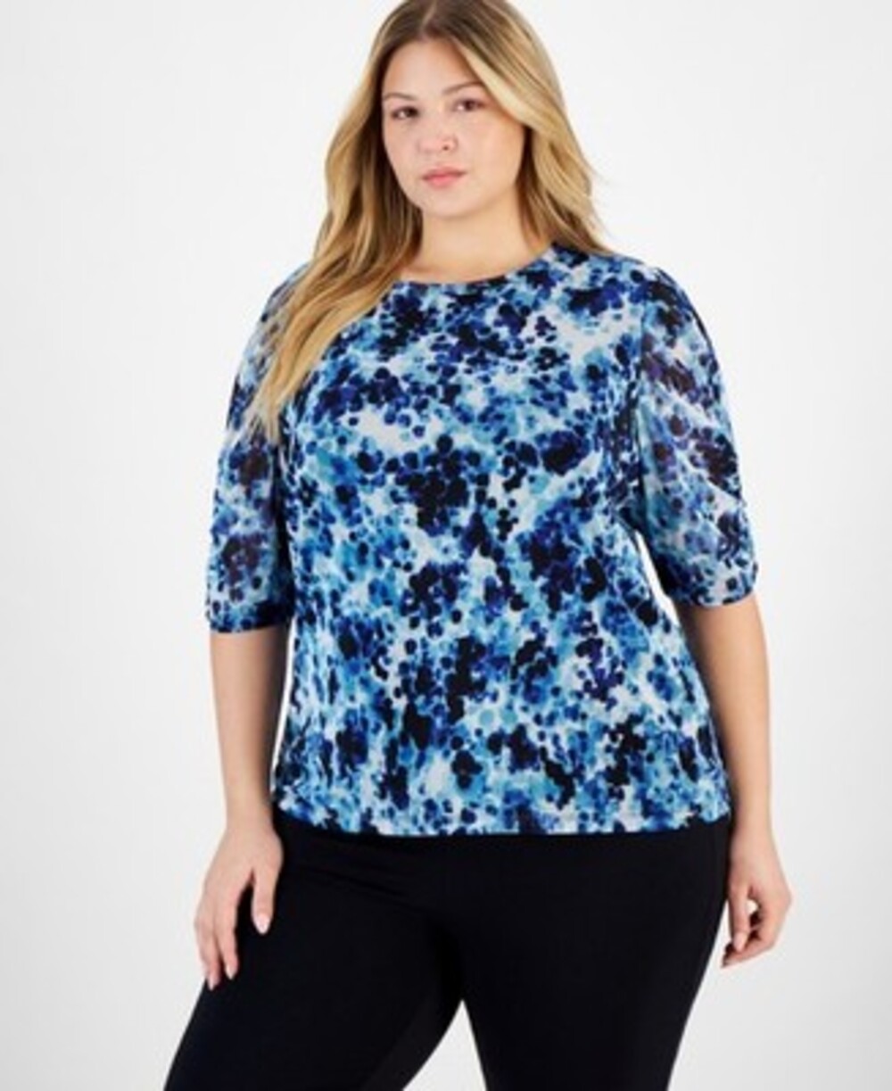 Anne Klein Plus Size Scoop Neck Half Sleeve Top Women's 1X Vibrant Blue Pullover